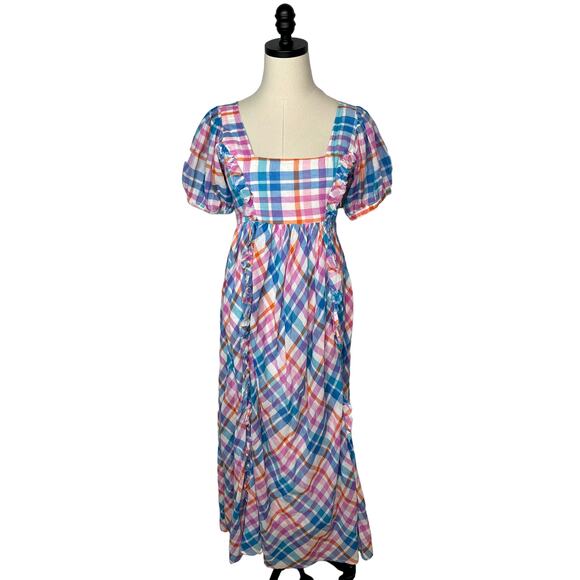 LoveShackFancy S Malibu Dream Plaid Kimball Midi Dress 100% Cotton Blue Pink - Picture 3 of 9
